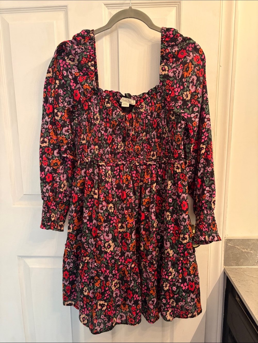 Women’s American Eagle Floral Smocked Dress - Black with Pink & Purple Flowers